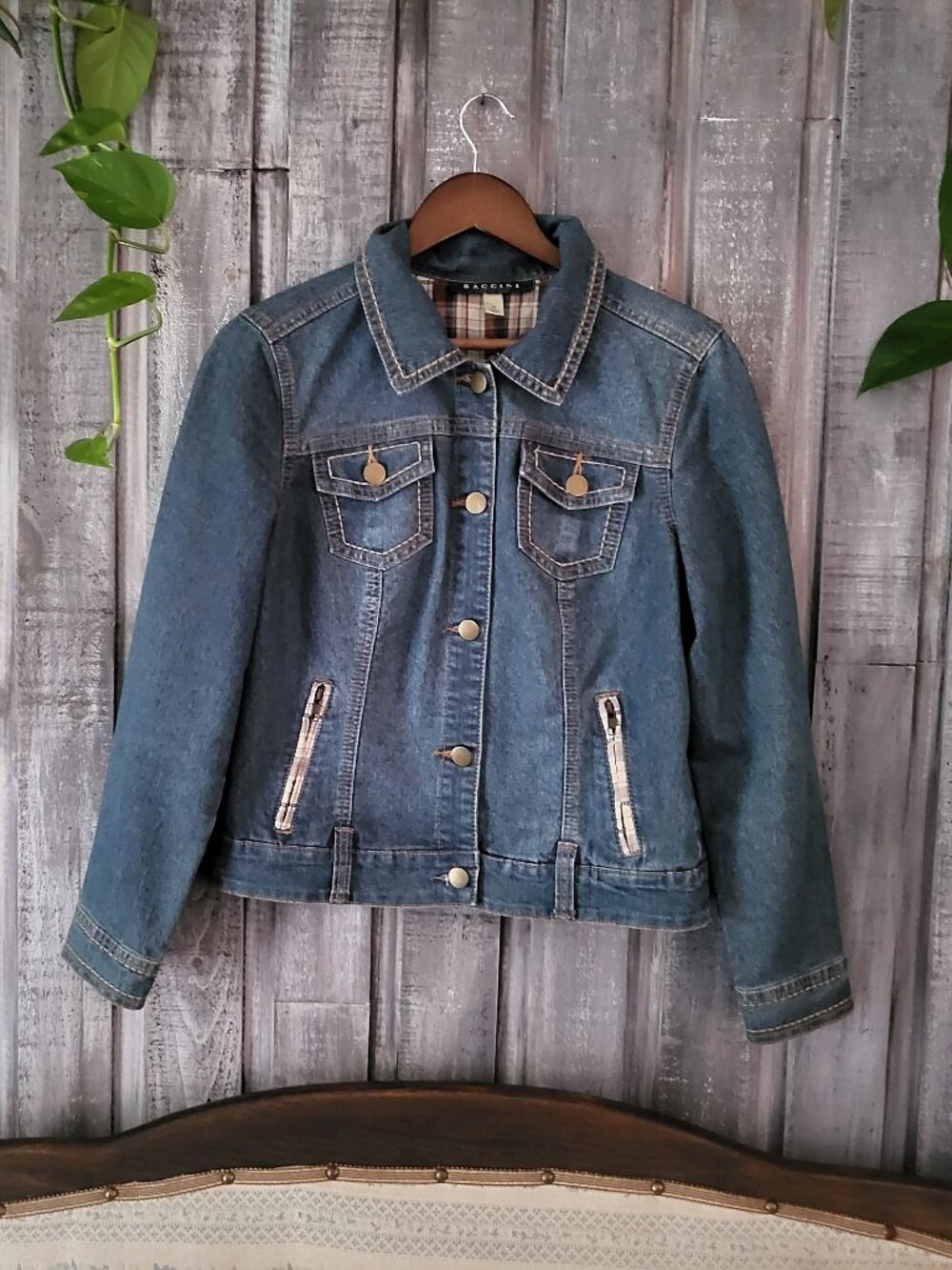 BACCINI Womens Blue Plaid Lined Denim Trucker Jacket Medium